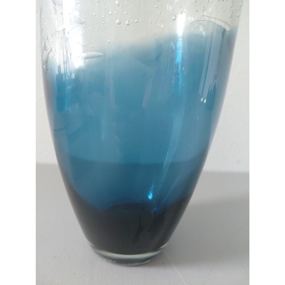 Ombre Blue Thick Glass Vase Mid Stripe Extended Bubbles Ocean Artistic Large MCM - Picture 7 of 11